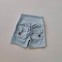 Pantalones cortos de cintura alta sin costuras para mujer, Pantalón deportivo ajustado con bolsillos para correr, entrenamiento, baile, levantamiento de cadera - Azul - Ver 4