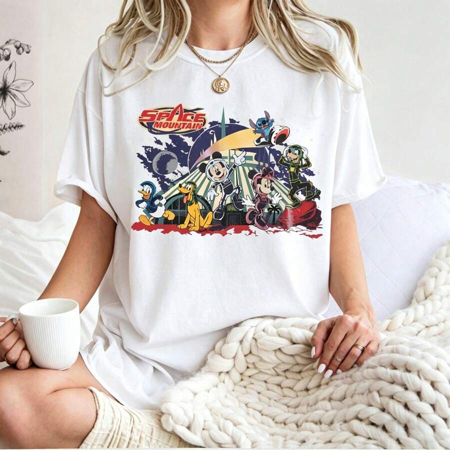 Disney Women's Retro Space Mountain Shirt, Magic Kingdom Tee, Mickey & Friends Space Casual Cotton T-Shirt, Vintage Disney Vacation Top - 白色 - 查看 1