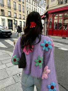 Plus Size 2026 Autumn/Winter Soft Wool Knit Sweater, Slouchy Cardigan With Colorful Floral Embroidery - Purple - View 2
