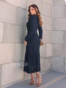 Elegant Women's Midi Knit Dress With Long Sleeves And Lace, Mermaid Style, Ideal For Winter Parties, Shapes The Body. - 藏蓝色 - 查看 2