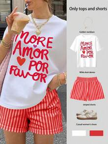 Conjunto Casual de 2 Piezas para Mujer Camiseta Manga Corta con Estampado de palabras amor y Shorts de Cintura Alta a Rayas estilo casual ideal diario vacaciones dulce - Naranja - Ver 1