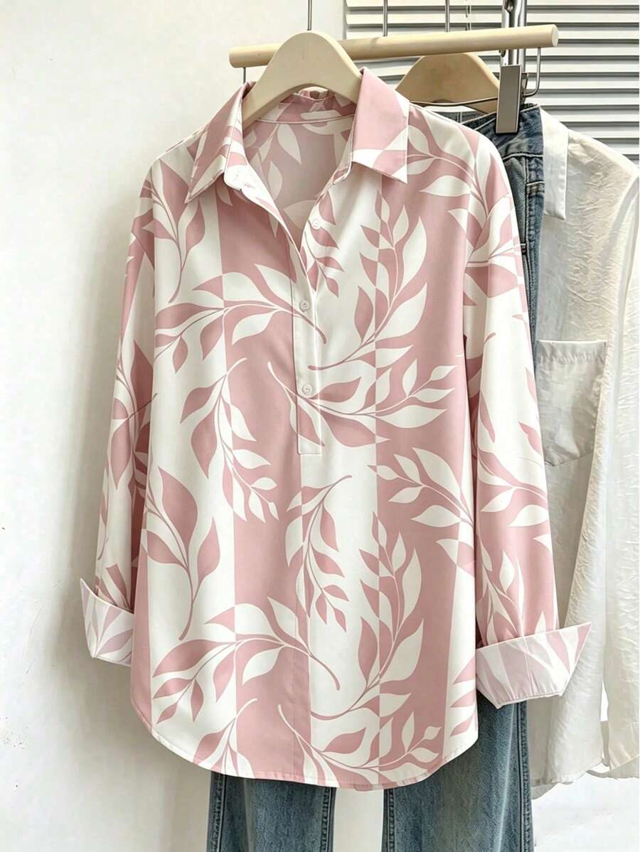 Plus Size Women Leaf Print Front Button Collar Short Sleeve Casual Top Pink Vacation - Pink - View 1