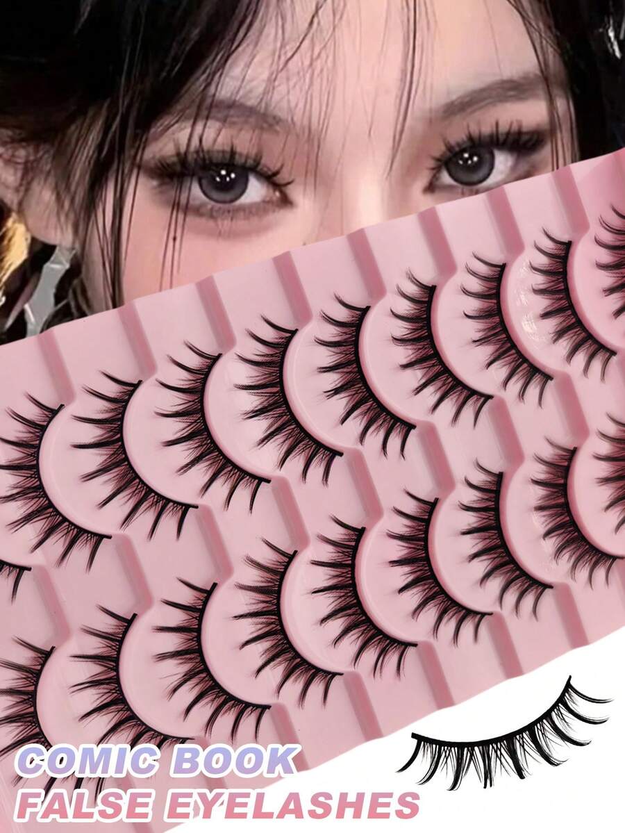 10 Pairs Cartoon Anime False Eyelashes, Natural & Realistic, Faux Mink Texture, Lightweight & Fluffy, 3D Thick, Korean/Japanese Cosplay Eyelashes, Strip Lashes - Black - View 1