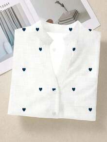Camisa de mujer de manga larga con botones y bolsillos, con estampado romántico de corazones, adecuada para otoño, invierno y primavera - Blanco - Ver 10