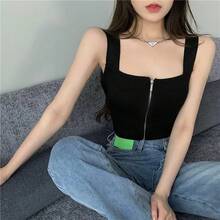 2025 Y2K Top mujeres cremallera mosca camisolas tejidas Sexy verano camisetas sin mangas mujer Top corto sólido - Negro - Ver 1