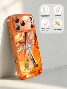 1pc Customizable Text And Letter Rhinestone Apple Design Tempered Glass Phone Case, Compatible With IPhone 17 ProMax/17 Air/15/16 Pro/14 Plus/13 Pro/12 Pro Max/11, Tempered Glass Camera And Back Protection, Large Window Phone Protective Shell, Best Gift For Friends And Family - Orange - View 5