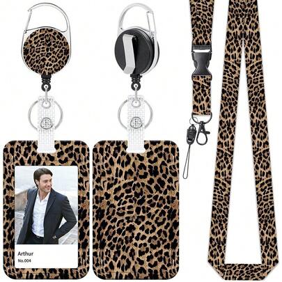 Fashionable Leopard Print ID Card Holder & Retractable Reel Set - For Teachers, Nurses And Office Workers, Detachable Safety Lanyard & Card Holder Cover (Clip, Adjustable) (Brown Leopard)