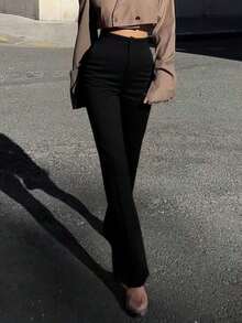 Pantalones rectos de talle alto de color negro sólido, elegantes y casuales, adecuados para uso diario, oficina, traslados, hogar, citas, pequeñas fiestas, eventos sociales ligeros en primavera - Negro - Ver 5
