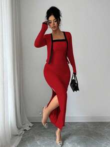 Set de 2 piezas de Vestido de tirantes y Cárdigan de manga larga con bloque de color elegante para mujer, adecuado para fiesta, reunión familiar, Navidad, Halloween, San Valentín, Año Nuevo, ir al trabajo y uso diario casual, otoño/invierno - Rojo - Ver 6