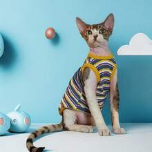 Pet Cat Multi-Color Minimalist Striped Elastic Breathable Thin Vest Comfortable Base Layer Undershirt For Hairless Cats Sphynx Devon Rex - Blue - View 7