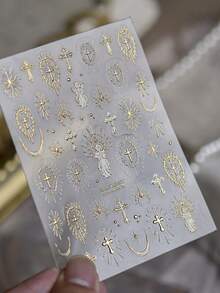 1片装奢华精致5D镀金美甲贴纸，复古光环信仰美甲贴纸，DIY美甲贴纸美甲用品 - 金色 - 查看 3