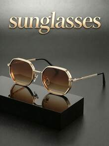 Unisex Fashion Polygonal Metal Thick-Rimmed Hollow Design Sunglasses, Minimalist Elegant Frame For Daily, Commute, Driving, Business, UV400 Lenses - Multicolor - View 2