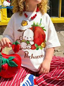 SANRIO Children's Cute Cartoon-Style Short-Sleeve T-Shirt - Pochacco & Strawberry Pattern, White Crew Neck Top - Versatile Summer Casual Wear For Older Kids - trắng - Xem 1