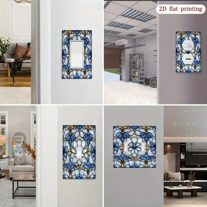 1pc Blue & Gold Colored Glass Light Switch Panel & Outlet Cover Plate | 2D Flat Printing, Easy Installation, Durable, PC Plastic, No Power Or Battery Required