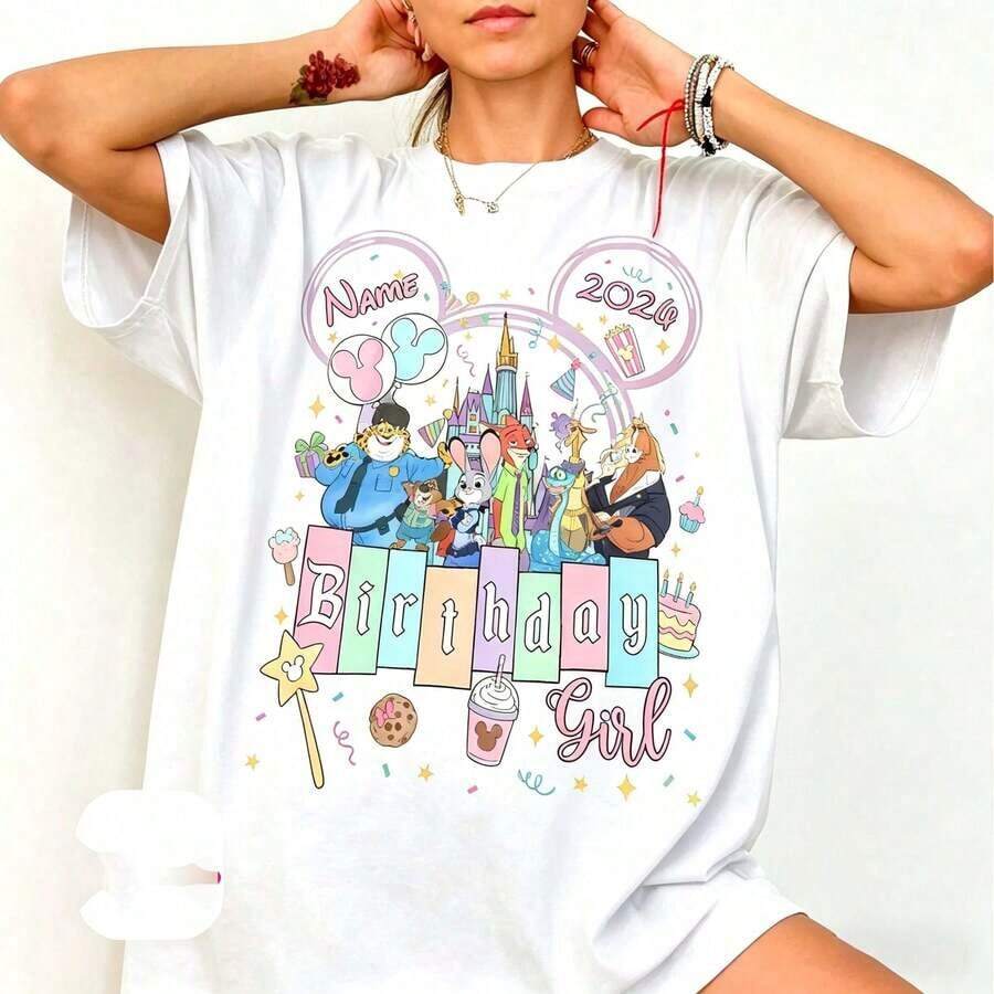 Loose Oversize WDW Disneyland Family Tee, Personalized Name Age Zootopia 2 Birthday Shirt, Disney Judy Hopps Nick Wilde Gary De'snake Birthday Present Gift --Disneys Disneyland Paris The Magic Kingdom Disneyesque B6Holiday Gifts Valentine's Day Gifts Earth Day Gifts Oktoberfest Gifts Summer Bank Holiday Gifts - trắng - Xem 1