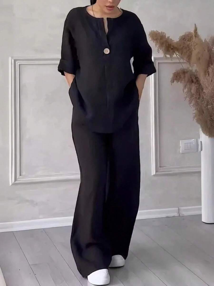 Conjuntos de lino y algodón, dos piezas, informal, manga larga, blusa holgada con botones, camisa y pantalones sueltos de pierna ancha de alta elasticidad, trajes 3021 - Negro - Ver 1