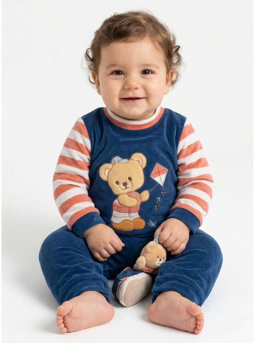Baby Boy's Plush Embroidered Romper Baby Boy's Clothes - 藍色 - 查看 1