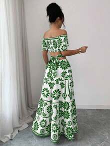 de moda con estampado floral, hombros descubiertos, manga corta y cintura hueca - Verde - Ver 2