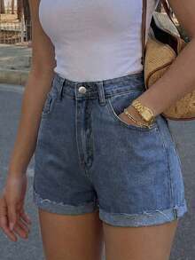 Shorts vaqueros de tiro alto lavados y remangados, de estilo minimalista y versátil, para mujer, de uso casual en verano - Lavado ligero - Ver 1