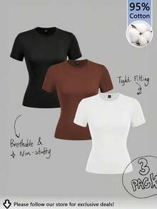 Conjunto de 3 piezas de camisetas de manga larga de ajuste ceñido con cuello redondo, estilo minimalista casual, 95% algodón, para mujer - Multicolor 11 - Ver 1