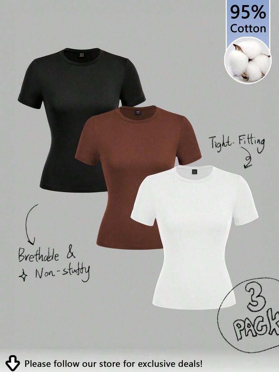 Conjunto de 3 piezas de camisetas de manga larga de ajuste ceñido con cuello redondo, estilo minimalista casual, 95% algodón, para mujer - Multicolor 11 - Ver 1