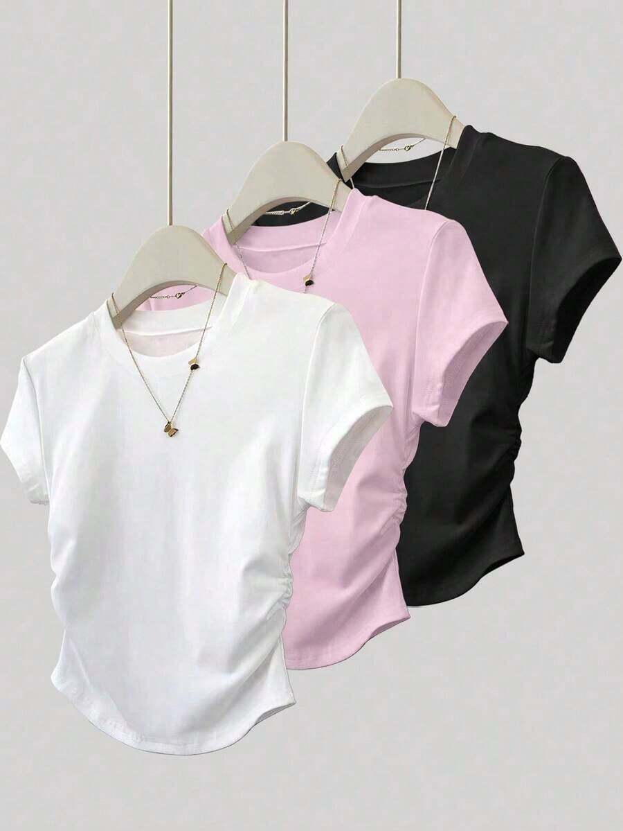 Set de 3 piezas de tops para mujer para exteriores, en color champán, marrón moca y negro, nuevas llegadas de verano, camiseta ajustada con pliegues, de moda y versátil, con estilo callejero fotogénico, imprescindible, de vuelta al colegio, que lla - Multicolor 7 - Ver 1