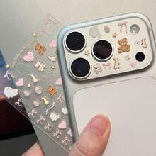 3pcs 17 Pro/Promax Camera Lens Protector, Cute Bear Theme DIY Decorative Sticker Set, Includes Sticker Base And Camera Protective Film - Clear - View 8