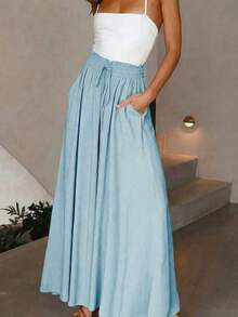 Pantalones anchos, elegantes, plisados, con cintura alta y cinturón para mujer - Albaricoque - Ver 3