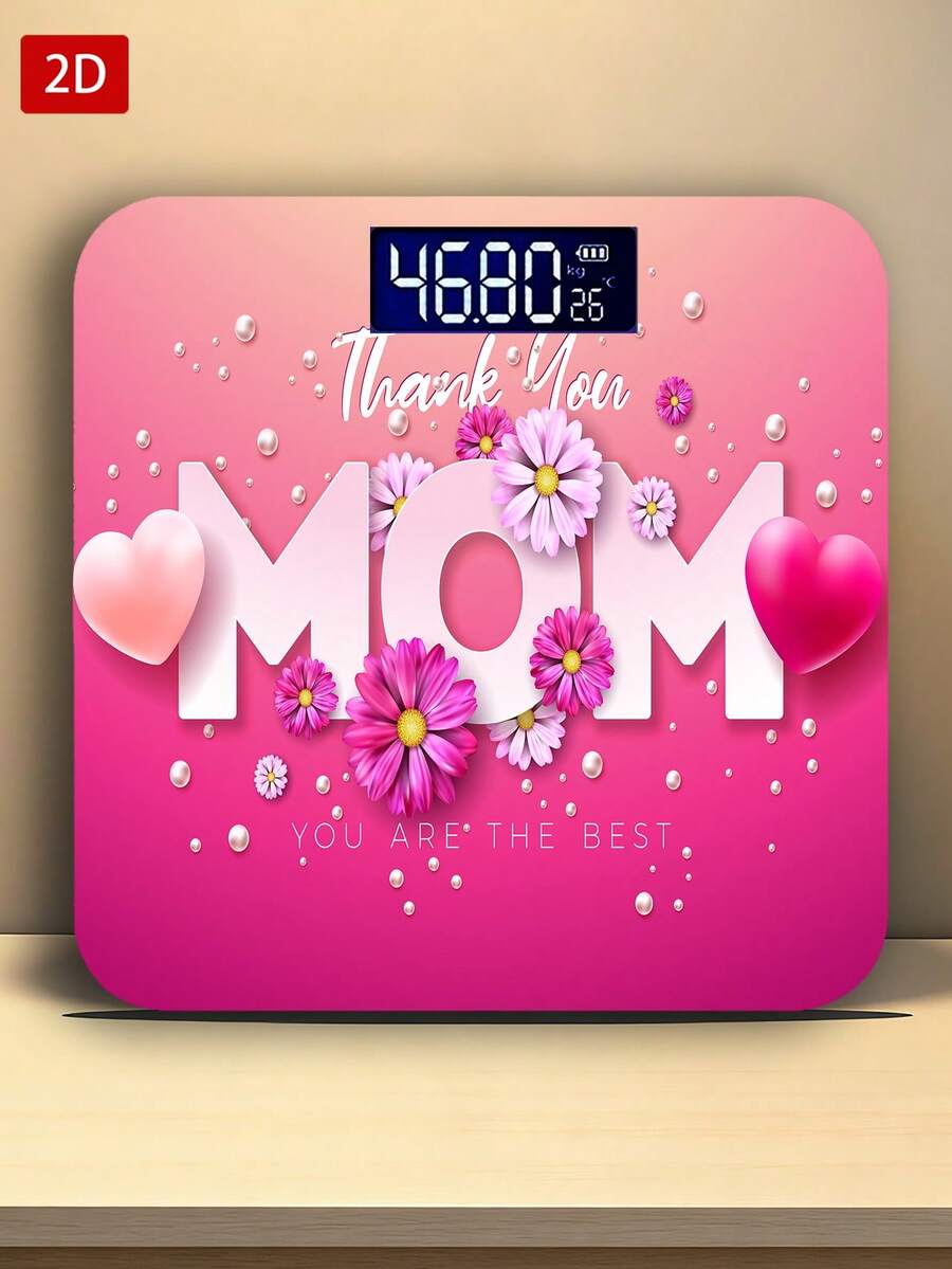 1pc LED Display Electronic Scale,Flat 2D Happy Mother's Day Illustration With Spring Flower Heart Thank You Mom Typography Lettering Bathroom Scale,Decorative Weighing Platform - Suitable For Long-Term Use,Uses AAA Batteries (Batteries Not Included)