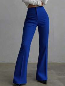 Pantalones rectos de talle alto de color negro sólido, elegantes y casuales, adecuados para uso diario, oficina, traslados, hogar, citas, pequeñas fiestas, eventos sociales ligeros en primavera - Azul - Ver 8