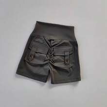 Pantalones cortos de cintura alta sin costuras para mujer, Pantalón deportivo ajustado con bolsillos para correr, entrenamiento, baile, levantamiento de cadera - Gris Oscuro - Ver 5