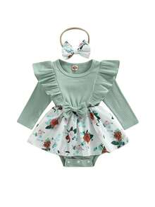 Mono de bebé niña para primavera y otoño, con estampado floral acanalado, volantes y manga larga, además de diadema con lazo. - tinta verde - Ver 3