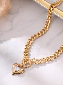 Quà tặng lãng mạn ngày Valentine - Dây chuyền khóa cài kiểu Pháp với mặt dây chuyền hình trái tim bằng đồng và mặt dây chuyền đá Cubic Zirconia lấp lánh. - Vàng - Xem 4