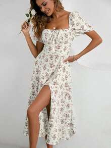 Vestido maxi de impresión floral con cuello cuadrado y abertura alta para vacaciones y playa para mujeres - Albaricoque - Ver 4
