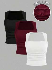 paquete de 3 Tops de tirantes para mujeres con cuello cuadrado acolchado, sin sujetador, ajuste delgado - Multicolor - Ver 12