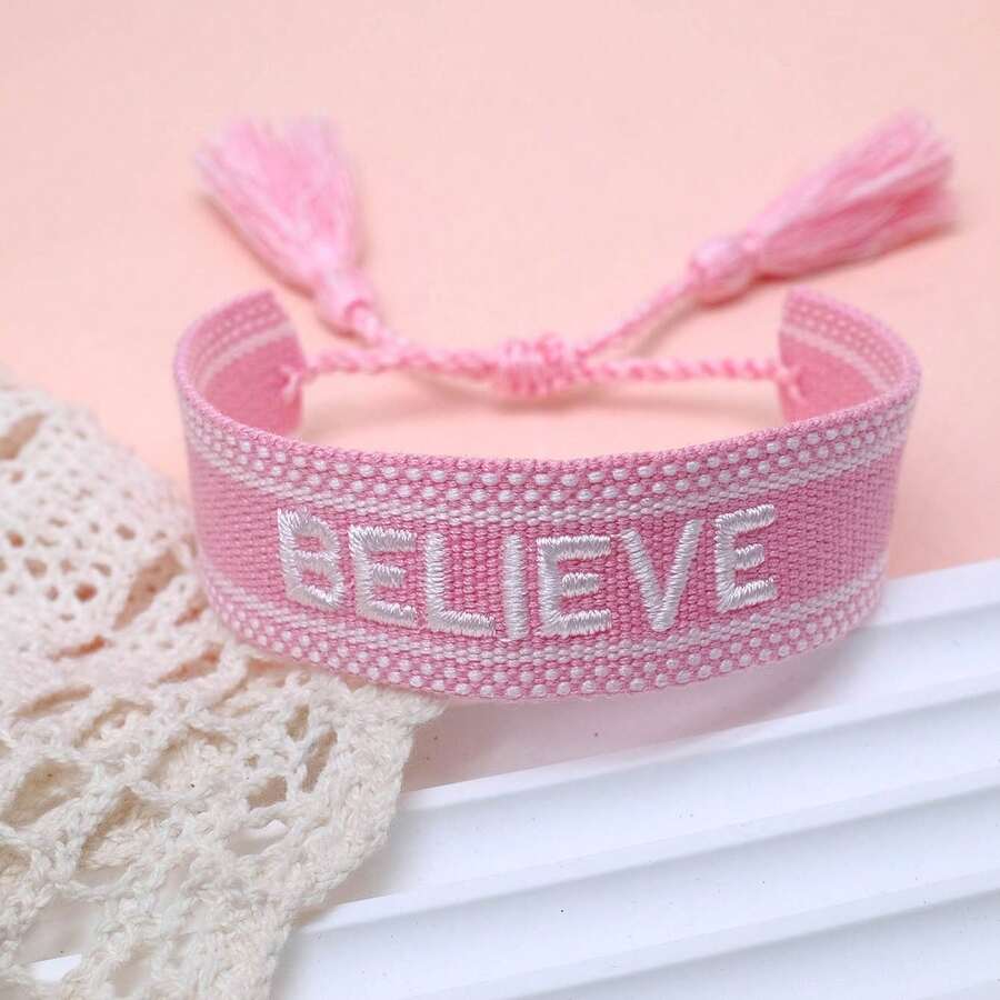 1pc Handmade Adjustable "BELIEVE" Embroidered Bracelet, Vintage Minimalist Style Inspirational Gift For Family And Friends - Baby Pink - View 1