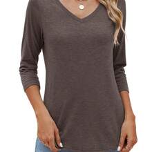 5pcs Set 2025 European And American Fashion Women's 3/4 Sleeve V-Neck Loose Fit Casual Solid Color Basic T-Shirt Blouse - 混合顏色 - 查看 2