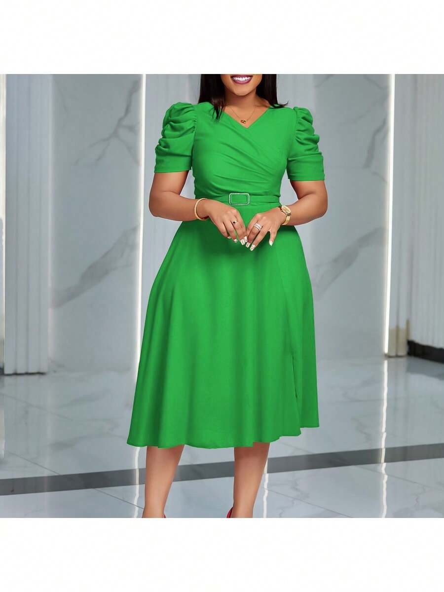 Elegant Midi Dress For Women, Puff Sleeve Belted A Line Dress, Work Office Wedding Guest Bridesmaid Dress, Modest Church Outfit, Plus Size - Green Plus - Xem 1