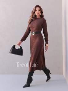 Women's Midi Dress In Mousse Knit, Long Sleeves With Braided Detail, Fitted Waist, Elegant, Winter, Premium, Casual, Party, Work, Travel - 咖啡棕色 - 查看 7