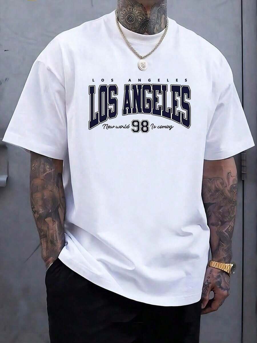Men's Plus Size Oversized T-Shirt With Los Angeles Print - Crew Neck, Short Sleeve, Casual Summer Wear, Comfortable And Casual For Big And Tall Men, PLUS SIZE - 白色 - 查看 1