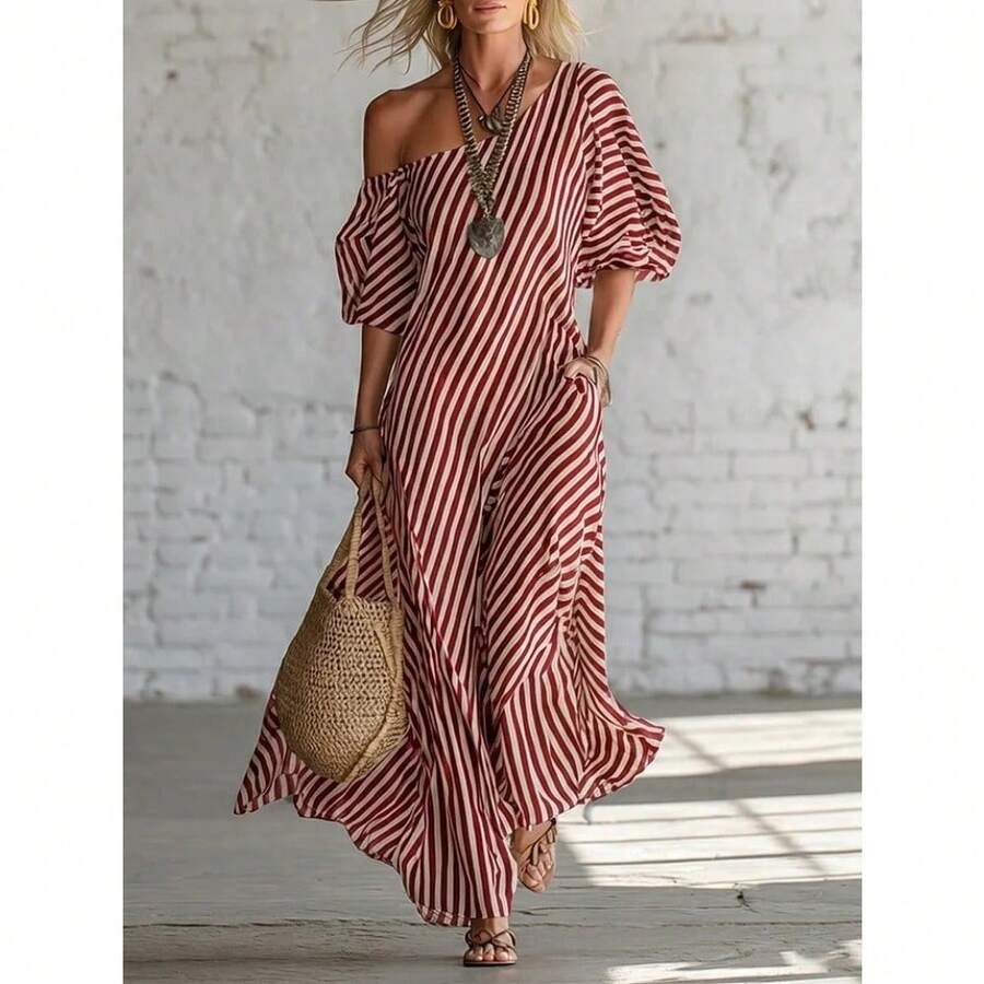 Women's Elegant Striped Off-Shoulder Maxi Dress - Fashionable For Spring - 紅色 - 查看 1