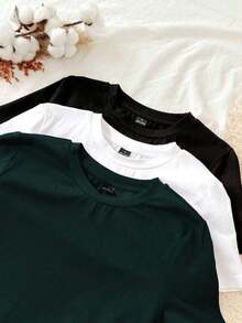 Set de 3 camisetas de mujer de cuello redondo de ajuste ceñido, 95% algodón, en negro, blanco y gris, aptas para todas las estaciones, interior y exterior, con estilo vintage y lindo para verano, para salidas de verano, hogar, vuelta al cole, otoño - Multicolor 14 - Ver 5
