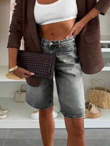 Classic Casual Boyfriend Style Denim Knee Length Shorts For Men, With Pockets, Buttons And Zipper, Straight Leg, Non-Stretch Fabric Summer - Gris Claro - Ver 12