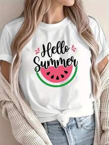 Plus-Size Letter Print T-Shirt, Short-Sleeved Round-Neck Casual Top, For Summer And Spring, Women's Plus-Size Clothing, Fashionable  T-Shirt - White - View 1