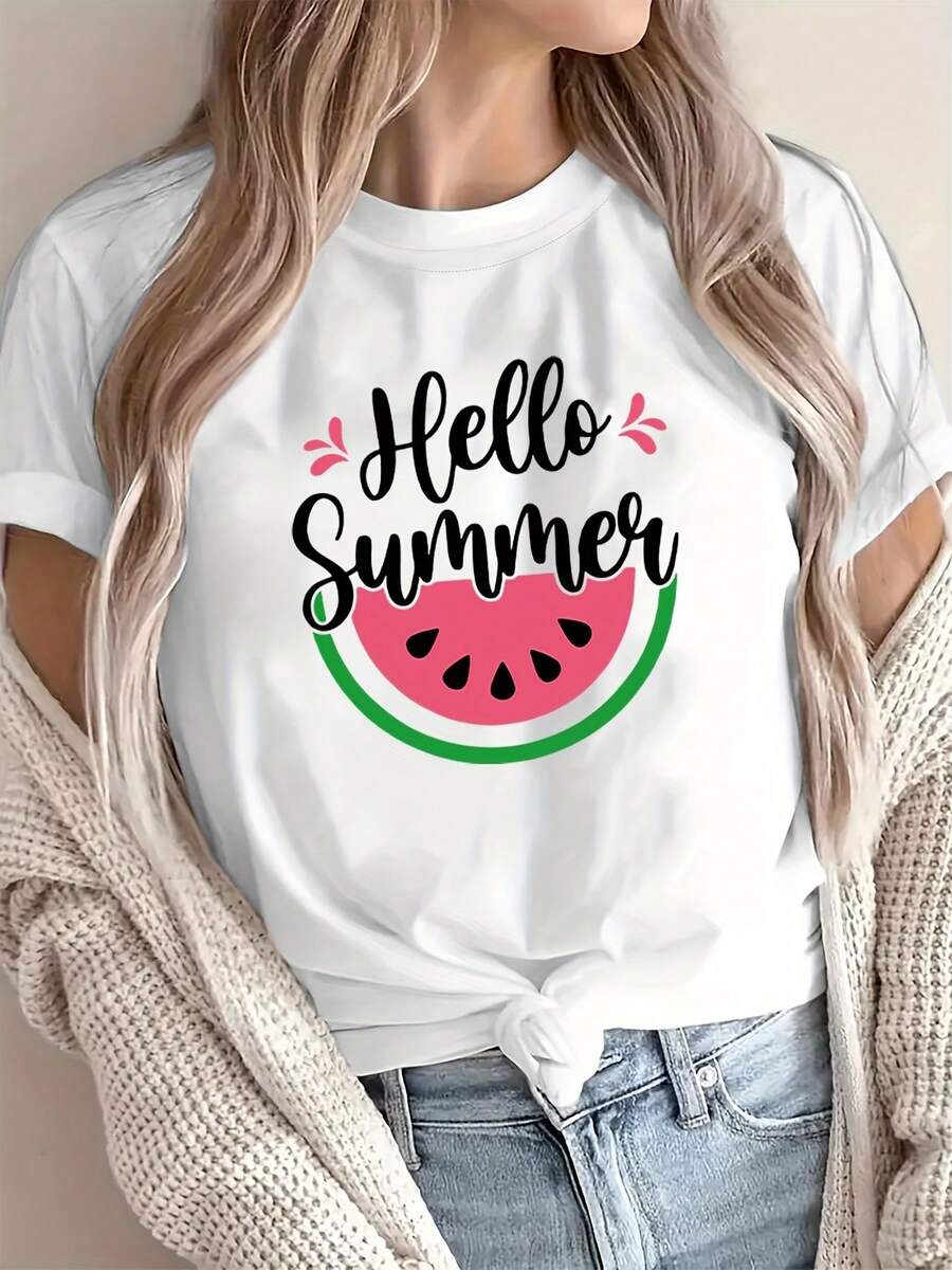 Plus-Size Letter Print T-Shirt, Short-Sleeved Round-Neck Casual Top, For Summer And Spring, Women's Plus-Size Clothing, Fashionable T-Shirt - White - View 1