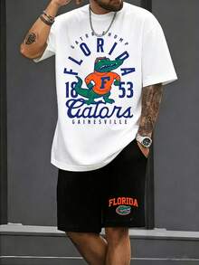 (2-Piece Outfit) Gator Chomp Pattern T-Shirt And Sports Shorts Set, Men's Round Neck Short Sleeved Sports Shirt+Drawstring Shorts, Casual And Comfortable, Suitable For Festivals, Back To School, Streets, Outdoor Leisure, And Vacations - trắng + đen - Xem 2