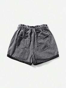 Shorts en mezclilla de cintura con volante bajo de doblez - Gris - Ver 3