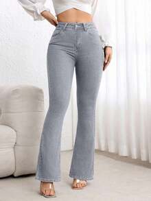 Jeans de talle alto con vuelo de unicolor simple para uso casual y de oficina de las mujeres - Gris Claro 2 - Ver 5