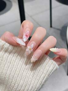 10 Stück mittlere mandelförmige handgemachte Aufklebe-Nägel Set, aprikot & weiße Fake Nägel, sanft süß tragbare Nail Art, geschnitzte Blumen, Muscheln, Seesterne, für Mädchen, Frauen, Alltag, Büro, Schule, Dates, Partys, Proms, Valentinstag Geschenk - Verschiedenfarbig - Übersicht 3
