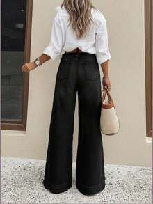 Jeans de tiro alto y pierna ancha para mujer, tela vaquera ligera y cómoda, jeans elásticos lavados, estilo largo elegante, uso casual de primavera/verano, versátil para diario/commute, moda callejera, ≥70% algodón - Negro - Ver 2